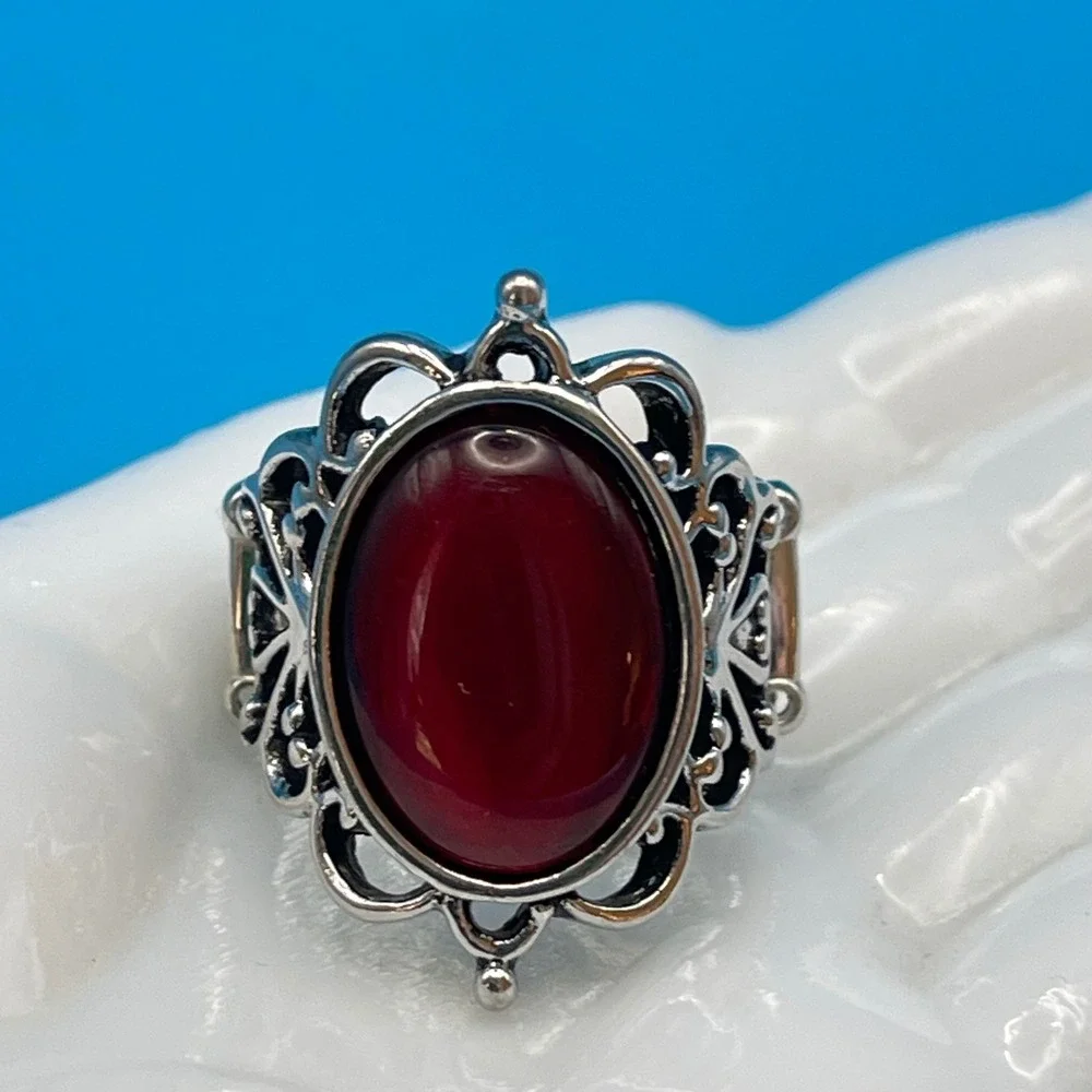 Red Jewel Ornate Silver Tone Stretch Ring Statement Goth Victorian Boho Filigree